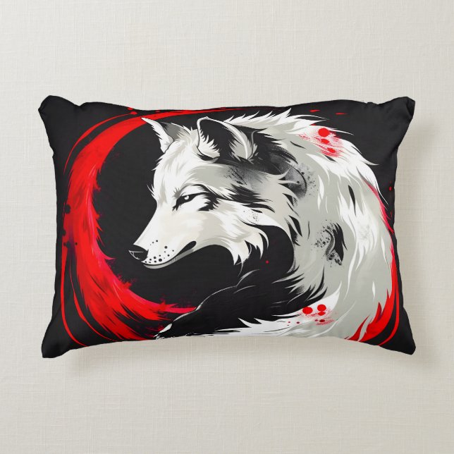 Almofada Decorativa Lobo Branco Vermelho Lunar (Frente)