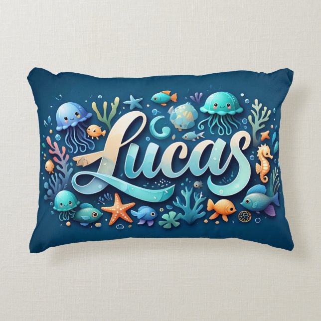 Almofada Decorativa Lucas Name Ocean Theme Decoror Sea Life (Frente)