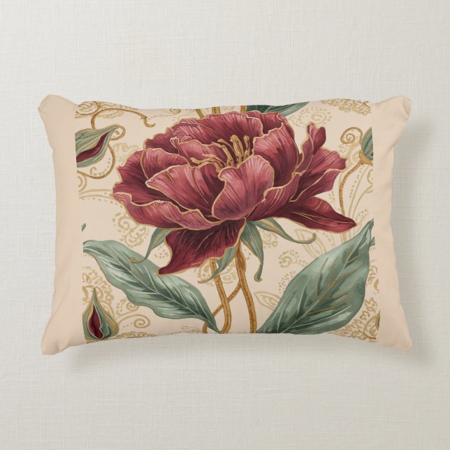 Almofada Decorativa Luxurious, Maroon ,Gold Flowers Design Art  (Frente)