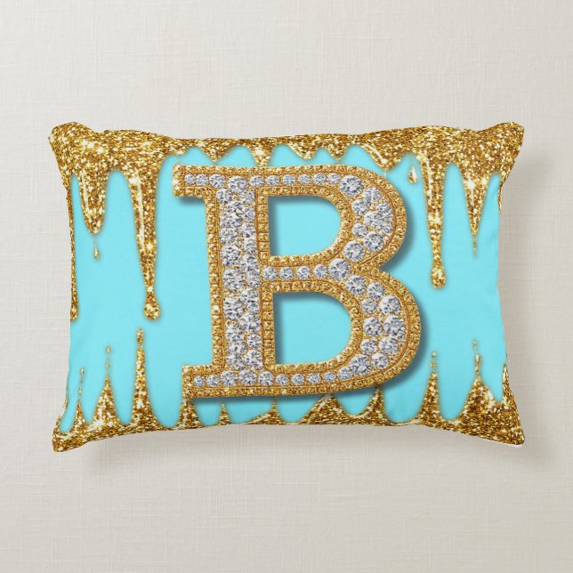 Almofada Decorativa Luxury Diamond Letter B on Gold Glitter Background (Frente)