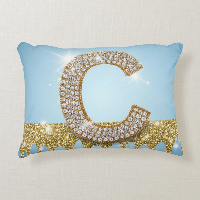 Almofada Decorativa Luxury Diamond Letter C on Gold Glitter Background (Frente)