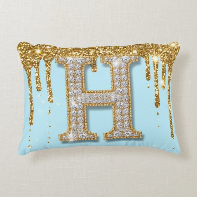 Almofada Decorativa Luxury Diamond Letter H on Gold Glitter Background (Frente)