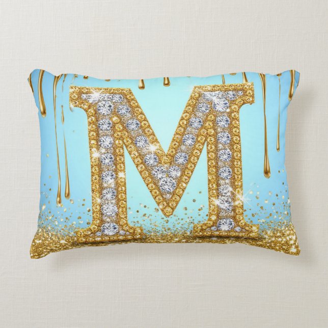Almofada Decorativa Luxury Diamond Letter M on Gold Glitter Background (Frente)