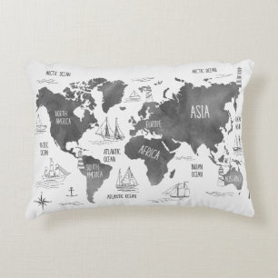 Almofada Decorativa Mapa Mundial Arte Preto Branco Náutico