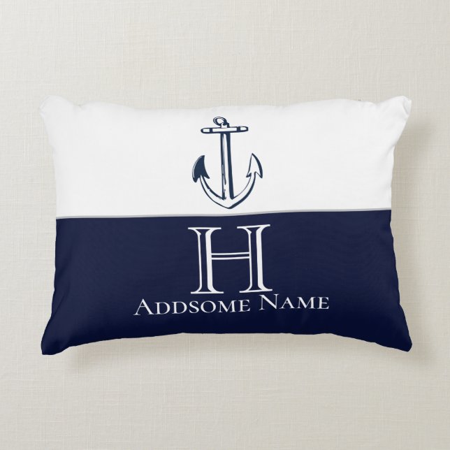 Almofada Decorativa Marinho Náutico Azul Anchor Costeiro Monograma (Frente)