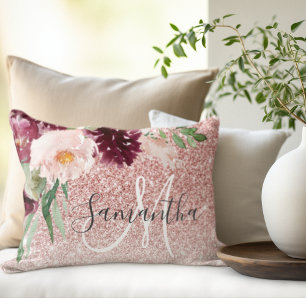 Almofada Decorativa Minigráfico de Brilho e Flor Rosa Moderno com Nom
