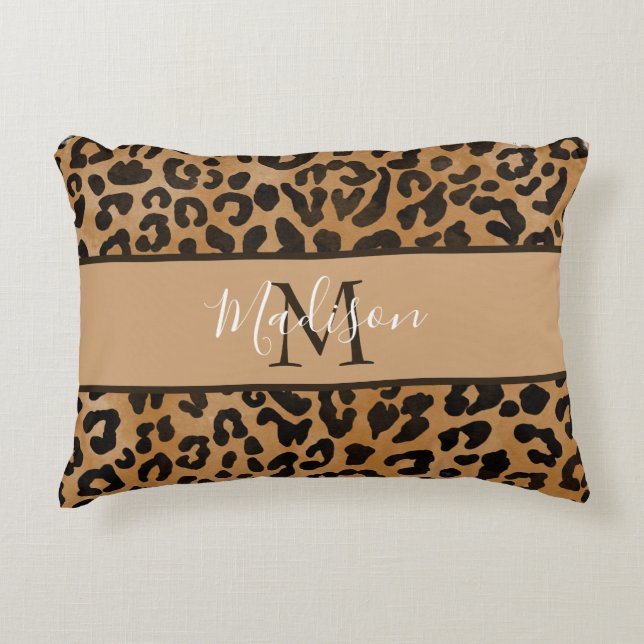 Almofada Decorativa Modern Trendy Chic Leopard Patterno Monograma (Frente)