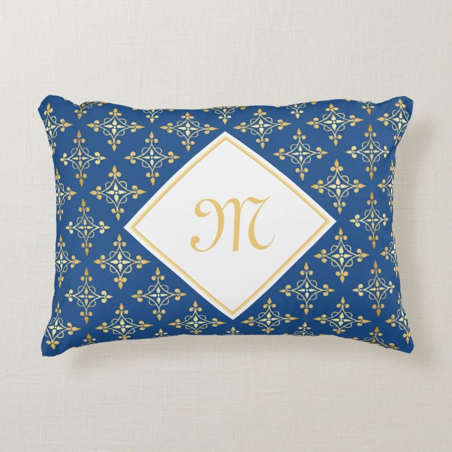 Almofada Decorativa Monograma Azul e Dourado Quatre Floral (Frente)