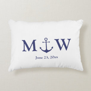 Almofada Decorativa Monograma branco azul marinho da âncora náutica
