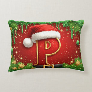 Almofada Decorativa Monograma de Natal Personalizado P com Chapéu de P