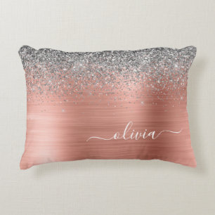 Almofada Decorativa Monograma de Rosa de prata Dourada com metal escov
