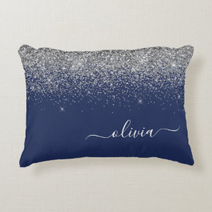 Almofada Decorativa Monograma de Sparkle Azul Girly Marinho de Prata