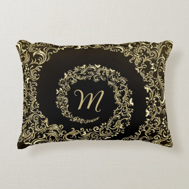 Almofada Decorativa Monograma do Damask ouro (Frente)