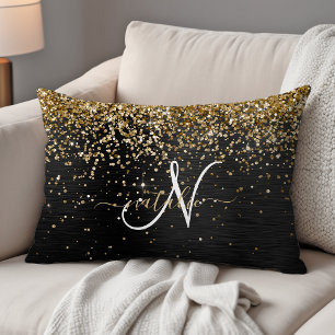Almofada Decorativa Monograma Dourado de brilho preto com brilho perso
