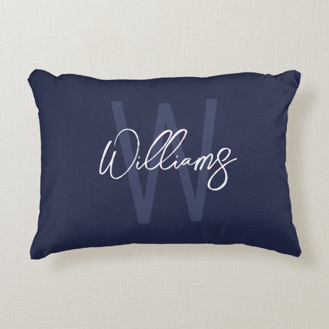 Almofada Decorativa Monograma e Nome Personalizados de Script Azul do  (Frente)