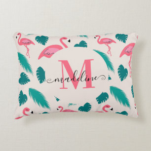 Almofada Decorativa Monograma Moderno de Flamingo Rosa Vibrante Folhas