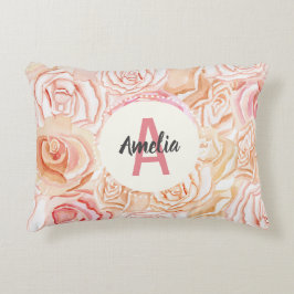 Almofada Decorativa Monograma Personalizado de Aquarela em Rosa e Pêss