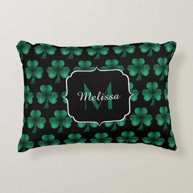 Almofada Decorativa Monograma preto de Shamrock Verde Sparkle Emerald (Frente)