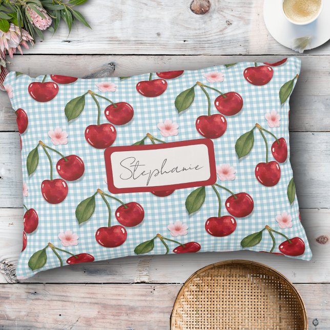 Almofada Decorativa Monograma Rustic Blue Gingham E Cereries (Criador carregado)