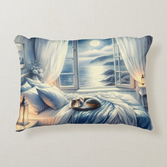 Almofada Decorativa Moonlit Coastal Bedroom with Sleeping Cat (Frente)