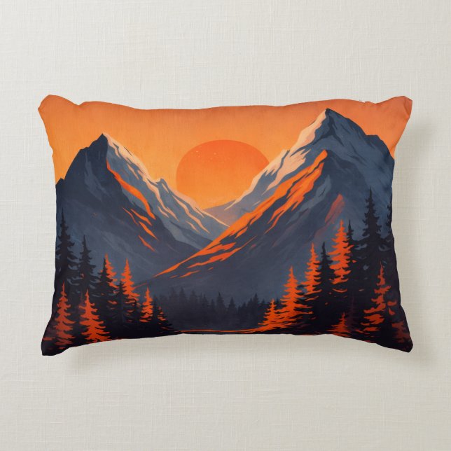 Almofada Decorativa Mountain Sunset Reflection Fiery Orange Sky  (Frente)