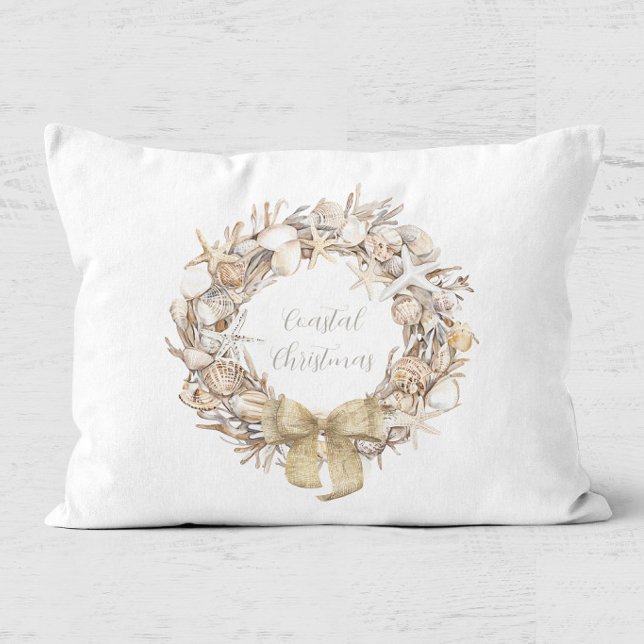 Almofada Decorativa Natal à Beira-Mar Coroa de Conchas Festa (Seashell Wreath Coastal Christmas Pillow)