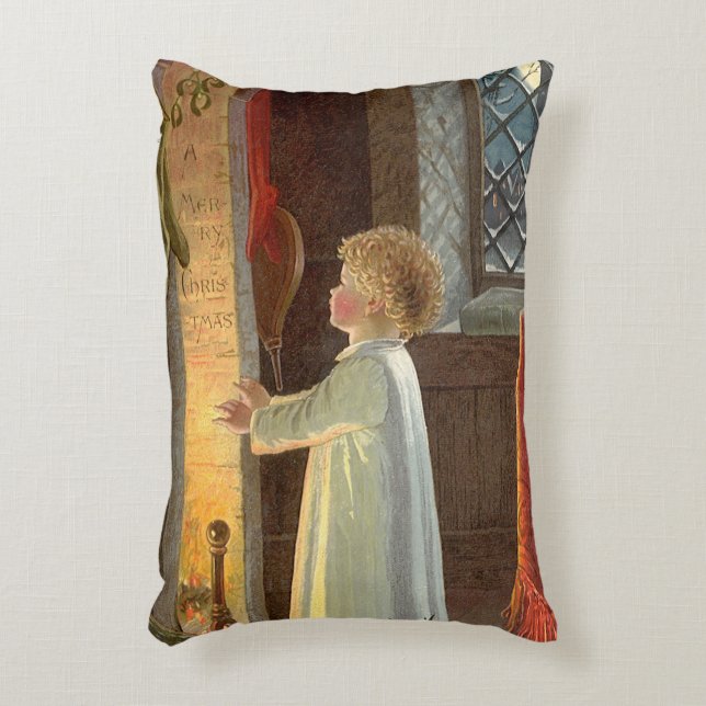 Almofada Decorativa Natal Antigo, Criança se Aquecendo ao lado da Lare (Frente(Vertical))