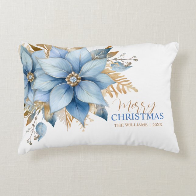 Almofada Decorativa Natal Dourado de Poinsettia Azul (Frente)