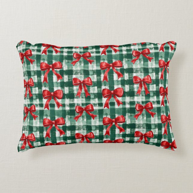 Almofada Decorativa Natal Xadrez Verde com Laço Vermelho (Frente)