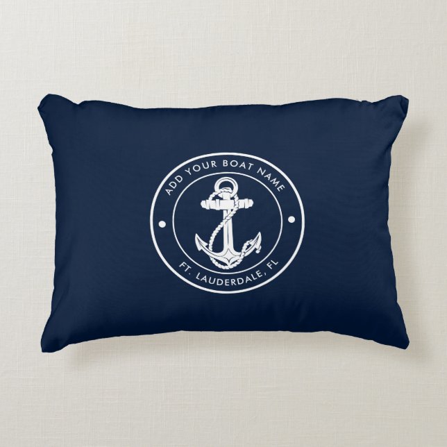 Almofada Decorativa Nautical Navy Blue Anchor Boat Name Custom (Frente)
