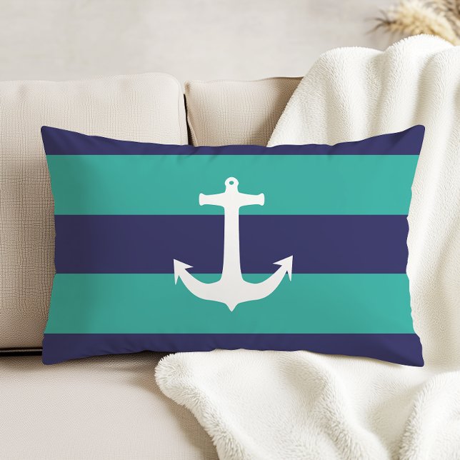 Almofada Decorativa Nautical Navy Blue Turquoise Stripes White Anchor (Criador carregado)