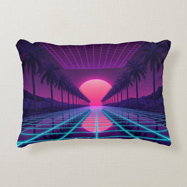 Almofada Decorativa Neon Synthwave Grid & Palms Retro Pillow (Frente)