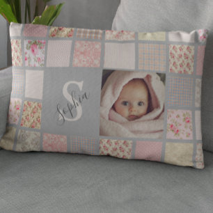Almofada Decorativa Nome de Foto Personalizado Monograma Rosa Patchwor