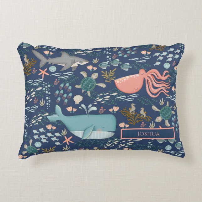 Almofada Decorativa Nome Do Bebê Sob O Mar Oceano Animal Nursery (Frente)