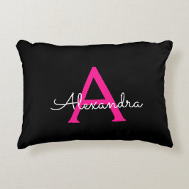 Almofada Decorativa Nome do Monograma Girly Black Script Hot-Pink