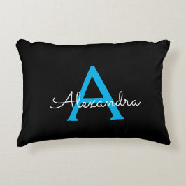 Almofada Decorativa Nome do Monograma Girly de Script Preto Azul