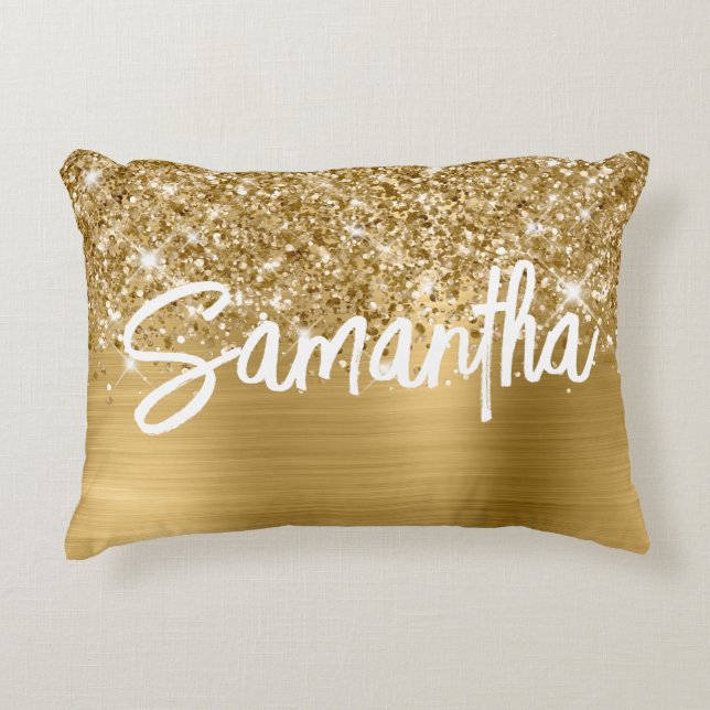 Almofada Decorativa Nome do Script de Pincel do Glittery Dourado Glam (Frente)
