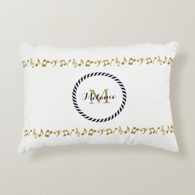 Almofada Decorativa Notas de música Douradas do Monograma (Frente)