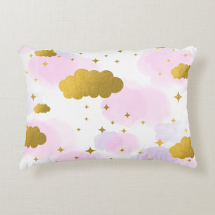 Almofada Decorativa Nuvens de Aquarela Rosa Douradas Estrelas Céu
