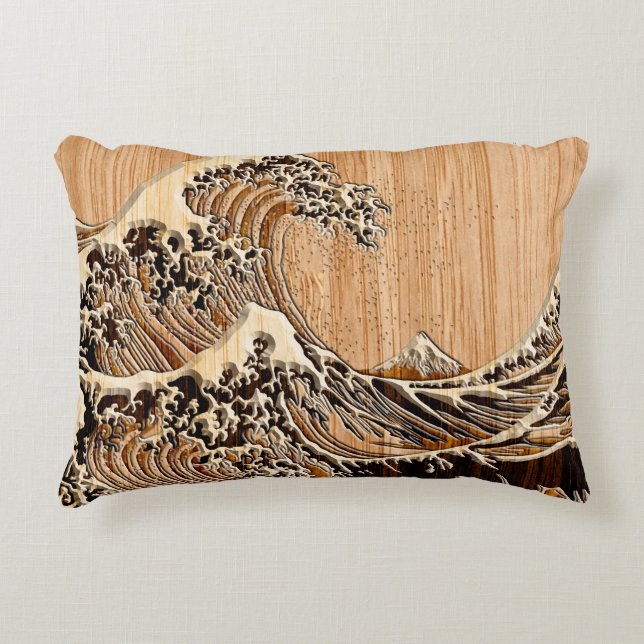 Almofada Decorativa O Excelente Hokusai Wave Bamboo Wood Grain Style (Frente)