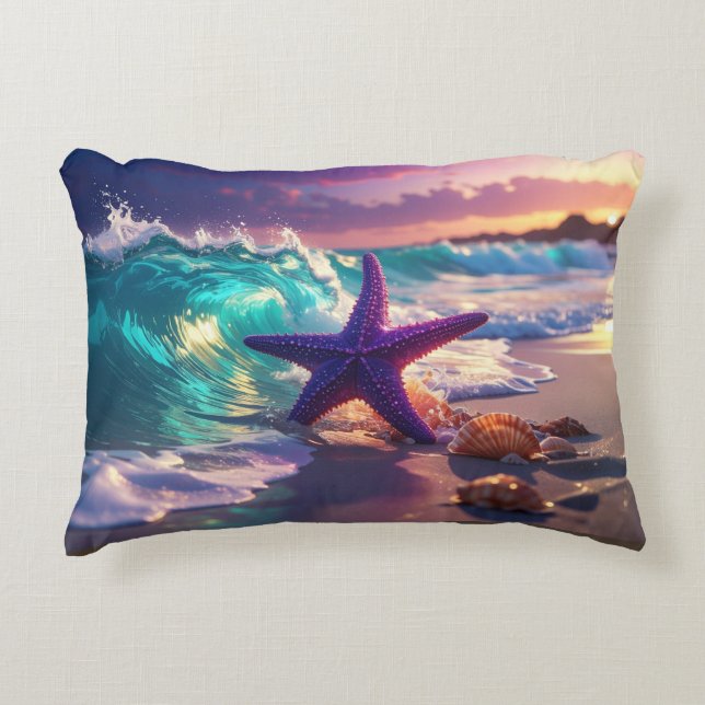 Almofada Decorativa Ocean beach with violet starfish (Frente)