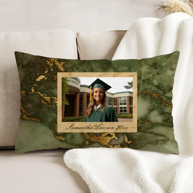 Almofada Decorativa Olive Green Gold Marble Custom Graduation Photo (Criador carregado)