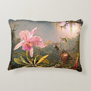 Almofada Decorativa Orquídea de Cattleya e três beija-flores,