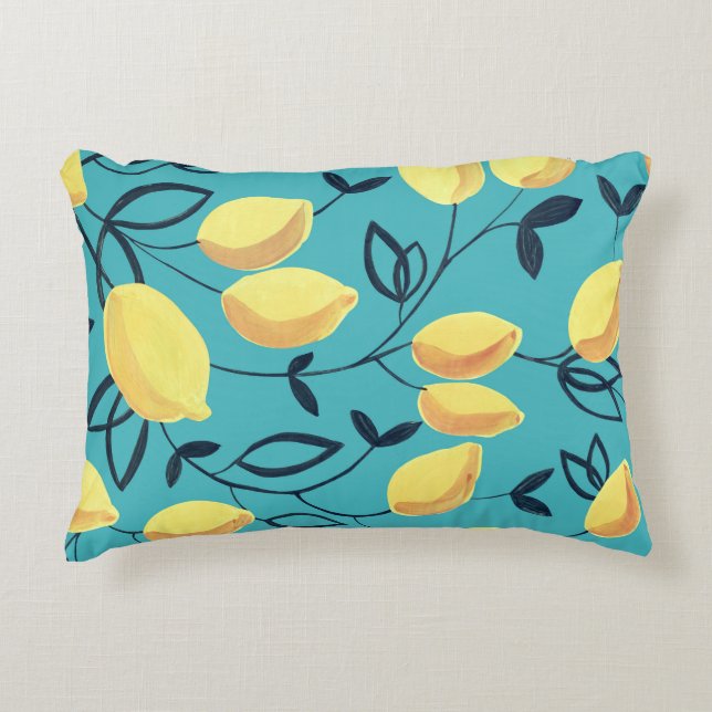 Almofada Decorativa Padrão amarelo de guache em turquesa. (Frente)