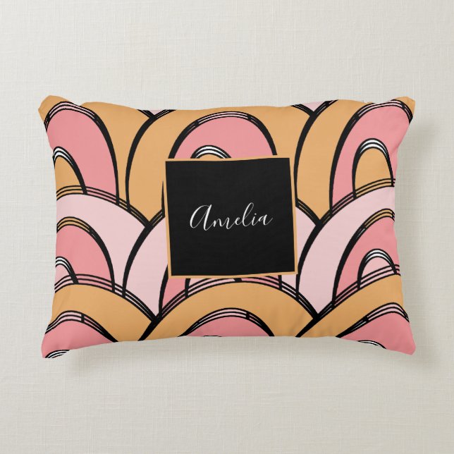 Almofada Decorativa Padrão Arco-íris Groovy Laranja Rosa (Frente)