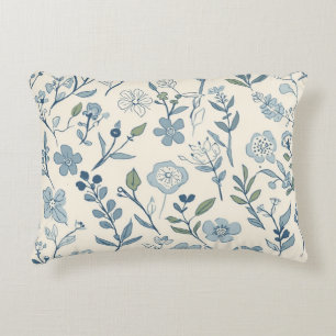 Almofada Decorativa Padrão Botânico de Prado de Flores Silvestres Azul