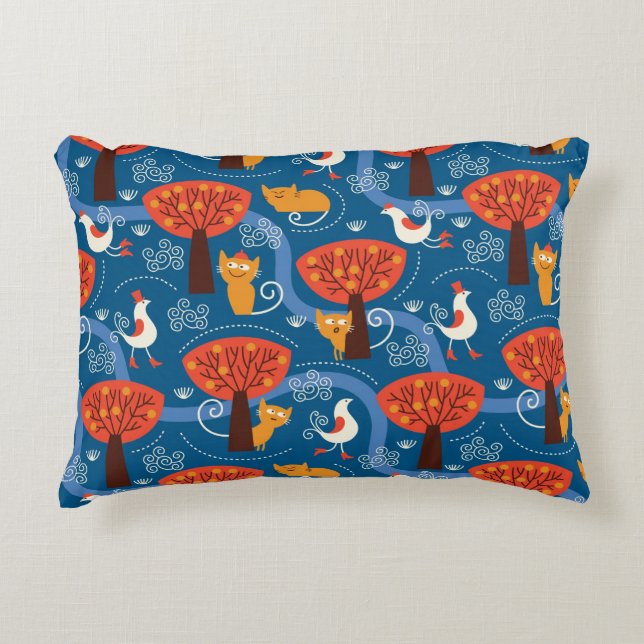 Almofada Decorativa padrão com gatos e pássaros bonitos (Frente)