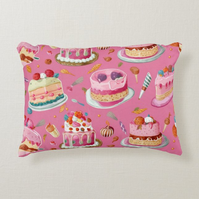 Almofada Decorativa Padrão de Bolo Rosa Doce (Frente)