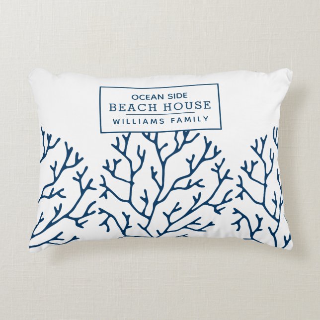 Almofada Decorativa Padrão de Coral Azul Personalizado - Casa de Praia (Frente)