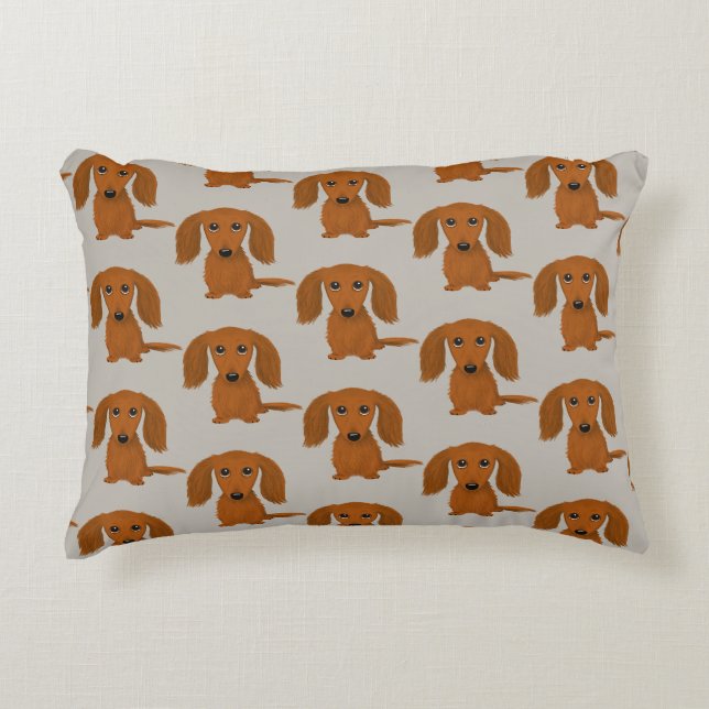 Almofada Decorativa Padrão de Dachshund Vermelho de Cabelo Longo (Frente)